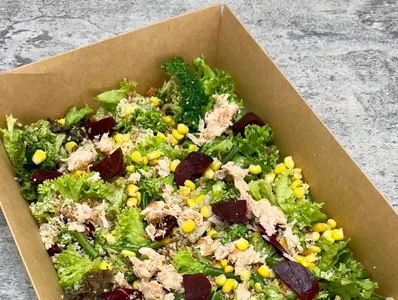 Sharing roasted salmon miso salad